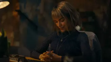 Altuzarra Blue Stretch Turtle Neck Long Sleeve Bryan Knit Top worn by Dr. Ingrid Derian (Eve Harlow) as seen in Watson (S02E07)