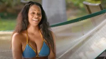 Cliont African Tribal Metallic Cutout Bikini Sets High Waist Swimsuit worn by Sparkle Clark as seen in Tiffany Haddish Goes Off (S01E03)