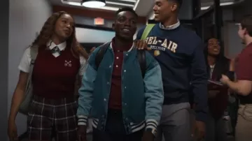 Starter Colorblock Denim Varsity Bomber Jacket worn by Carlton Banks (Olly Sholotan) as seen in Bel-Air (S04E04)