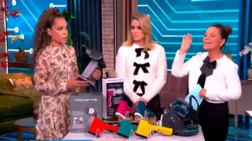 Hilary Radley White Sequin Cropped Cardigan with Grosgrain Bow worn by Gretta Monahan as seen in The View on December 1, 2025