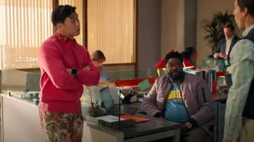 Twisted Tailor Hirshfield Slim Fit Floral Pink Silver Jacquard Trouser worn by Nicholas (Joel Kim Booster) as seen in Loot (S03E09)