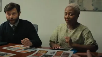 Eri & Ali Top Womens Anthropologie Textured Puff Sleeve Boxy Green Crop worn by Monica (Carole Denise Jones) as seen in The Chair Company (S01E06)