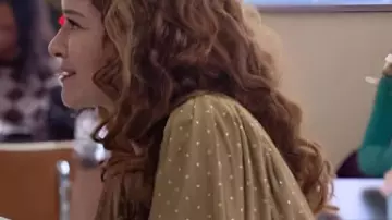 Mistletoe Murders S2 Sarah Drew Beige Polka Dot Blouse worn by Emily (Sarah Drew) in Mistletoe Murders
