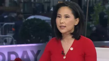 Sandro Gabrielle Ribbed Knit Cardigan worn by Vicky Nguyen as seen in Today on December 2, 2025