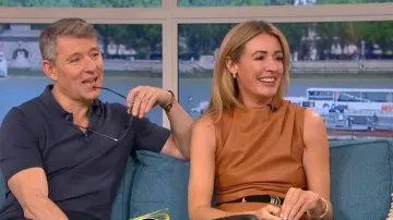 Karen Millen Faux Leather Drape Sleeveless Top worn by Cat Deeley as seen in This Morning on October 2025