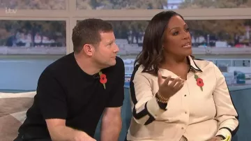 Karen Millen Twill Contrast Hardware Collared Woven Shirt worn by Alison Hammond as seen in This Morning on October 2025