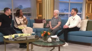 Karen Millen Contrast Woven Wide Leg Trousers worn by Alison Hammond as seen in This Morning on October 2025