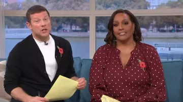 Next Burgundy Red Polka Dot Long Sleeve V-Neck Blouse worn by Alison Hammond as seen in This Morning on November 2025
