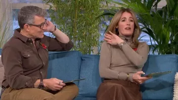 Rixo Edwina Embellished Paneled Suede Midi Skirt worn by Cat Deeley as seen in This Morning on November 2025