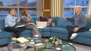Mint Velvet Neutral Textured Wide Leg Trousers worn by Cat Deeley as seen in This Morning on November 2025