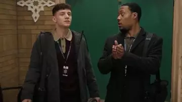 Old Navy Plaid Twill Topcoat worn by Gregory Eddie (Tyler James Williams) as seen in Abbott Elementary (S05E07)