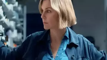 Pluribus Rhea Seehorn Blue Cotton Jacket worn by Carol Sturka (Rhea Seehorn) in Pluribus (S01)