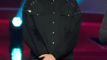 Eye-let Studded Denim Shirt (0 reviews) worn by Peyton Kyle in The Voice
