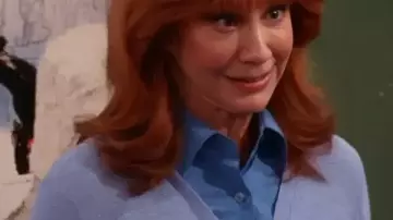 Happy’s Place S02 Reba McEntire Light Blue Sweater worn by Bobbie (Reba McEntire) as seen in Happy's Place