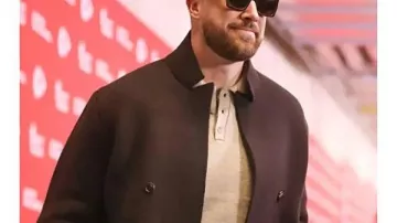 Texans VS Chiefs Travis Kelce Double-Breasted Blazer worn by Travis Kelce in Travis Kelce Rocks All Black Look Ahead of Must Win Chiefs vs Texans Game Arrival Breakdown