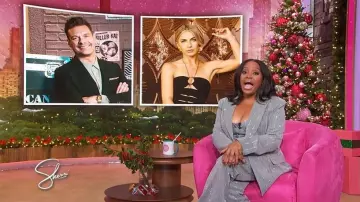 Aqua x Salvatore Rizza Oversized Crystal Pinstripe Blazer worn by Sherri Shepherd as seen in Sherri on December 3, 2025