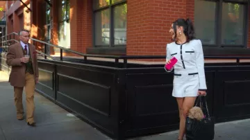 Alice + Olivia Shiloh Tweed Long-Sleeve Romper worn by Chloe Tucker Caine as seen in Owning Manhattan (S02E01)