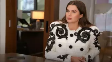 Balmain White/Black Black Sequin Paisley Tweed Jacket worn by (Jess Markowski) as seen in Owning Manhattan (S02E02)