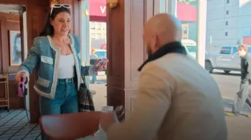 Alice and Olivia Landon Embellished Denim Jacket worn by Chloe Tucker Caine as seen in Owning Manhattan (S02E03)