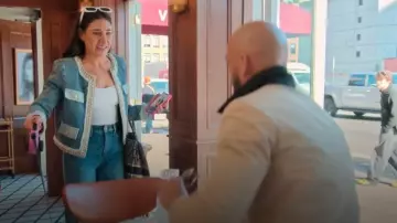 Alice and Olivia Landon Embellished Denim Jacket worn by Chloe Tucker Caine as seen in Owning Manhattan (S02E03)