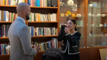 J Crew Mariner jersey lady jacket with sequins worn by Chloe Tucker Caine as seen in Owning Manhattan (S02E05)