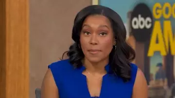 Tahari ASL Sleeveless Crepe Wide-Leg Jumpsuit worn by Rachel Scott as seen in Good Morning America on December 9, 2025