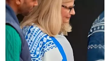 Finding Mr Christmas S02 V-Neck Mountain Cardigan worn by Self - Judge (Melissa Peterman) as seen in Finding Mr. Christmas (S02)