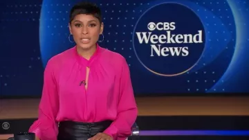 Elie Tahari The Valentine Silk Blend Blouse worn by Jericka Duncan as seen in CBS Evening News on November 24, 2025