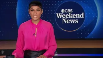 Elie Tahari The Valentine Silk Blend Blouse worn by Jericka Duncan as seen in CBS Evening News on November 24, 2025
