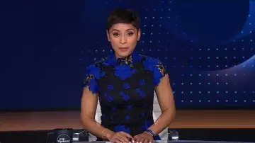 Laundry by Shelli Segal Mock Neck Lace Dress worn by Jericka Duncan as seen in CBS Evening News on December 1, 2025