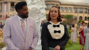 Valentino Garavani Bow Tuxedo Ruffle Midi Dress worn by Molly Novak (Maya Rudolph) as seen in Loot (S03E10)