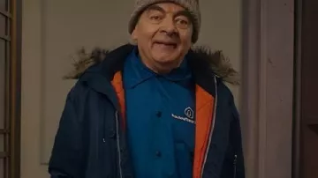 Man Vs Baby 2025 Rowan Atkinson Navy Blue Hooded Coat worn by Trevor Bingley (Rowan Atkinson) as seen in Man Vs Baby (S01)