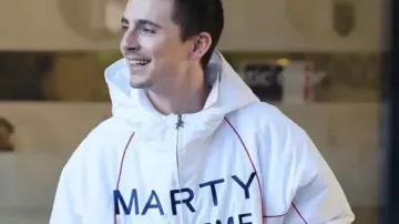 Timothee Chalamet White Marty Supreme Jacket of Marty (Timothée Chalamet) in Marty Supreme