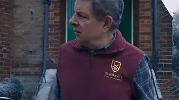 Man Vs Baby 2025 Rowan Atkinson Purple Vest worn by Trevor Bingley (Rowan Atkinson) as seen in Man Vs Baby (S01)