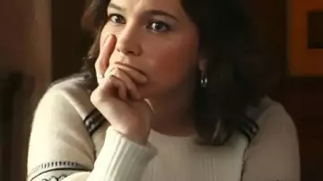 Wake Up Dead Man A Knives Out Mystery 2025 Cailee Spaeny Puff Sleeve Sweater worn by Simone Vivane (Cailee Spaeny) as seen in Wake Up Dead Man: A Knives Out Mystery