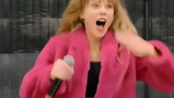 Taylor Swift 2025 The End Of An Era Pink Fur Jacket worn by Self (Taylor Swift) as seen in Taylor Swift | The Eras Tour | The End of an Era (S01E06)