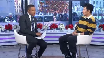 Frame x The Society Archive Rugby Polo Sweater worn by Simu Liu as seen in Today on December 15, 2025