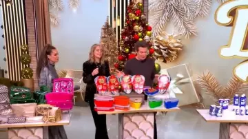 Ronny Kobo Dayna Crystal-Pinstriped Wide-Leg Pants worn by Sara Haines as seen in The View on December 15, 2025