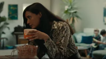 H&M Womens Python Snake Print Button Up Collared Shirt worn by Charlotte (Shelley Conn) as seen in Little Disasters (S01E01)