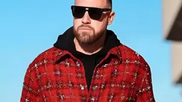 Travis Kelce Tweed Flannel Snap Front Overshirt worn by Travis Kelce as seen in New Heights with Jason and Travis Kelce