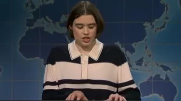 Simkhai Louis Wool Stripe Polo Sweater worn by Jane Wickline as seen in Saturday Night Live (S51E08)