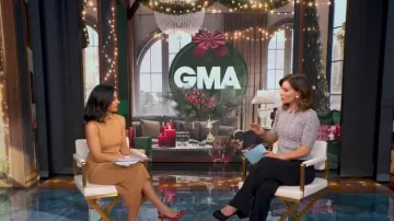 Vestido de cuello alto Toccin Tie Front llevado por Tara Narula en Good Morning America el 16 de diciembre de 2025