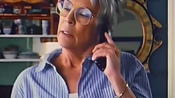 Ella McCay 2025 Jamie Lee Curtis Pinstriped Shirt worn by (Jamie Lee Curtis) as seen in Ella McCay