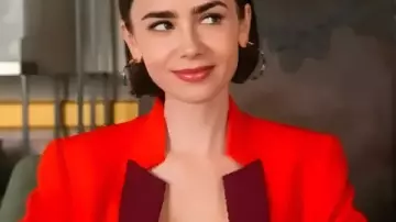 Emily In Paris S05 Lily Collins Two Tone Red Blazer worn by Emily Cooper (Lily Collins) as seen in Emily in Paris (S05)