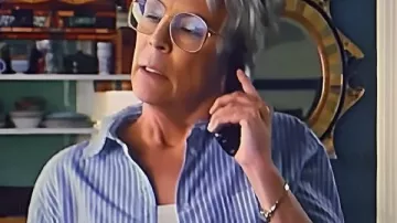 Ella McCay Jamie Lee Curtis Pinstriped Shirt worn by (Jamie Lee Curtis) as seen in Ella McCay
