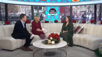 Socialite Lace Inset Pleated Chiffon Dress worn by Katie Fulton as seen in Today with Jenna & Friends on December 17, 2025