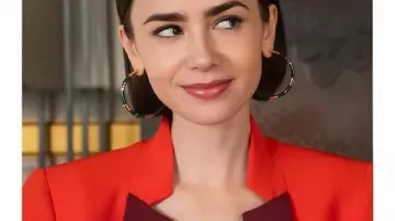 Emily In Paris S5 Lily Collins Two-Tone Red Blazer worn by Emily Cooper (Lily Collins) as seen in Emily in Paris (S05)