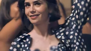 Emily in Paris S05 Lily Collins Navy Polka Dot Shirt worn by Emily Cooper (Lily Collins) as seen in Emily in Paris (S05)