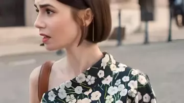 Emily In Paris S05 Lily Collins Black Floral Off-Shoulder Midi Dress worn by Emily Cooper (Lily Collins) as seen in Emily in Paris (S05)