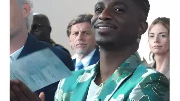 Emily In Paris S05 Samuel Arnold Green Afro Camo Jacket worn by Julien (Samuel Arnold) as seen in Emily in Paris (S05)